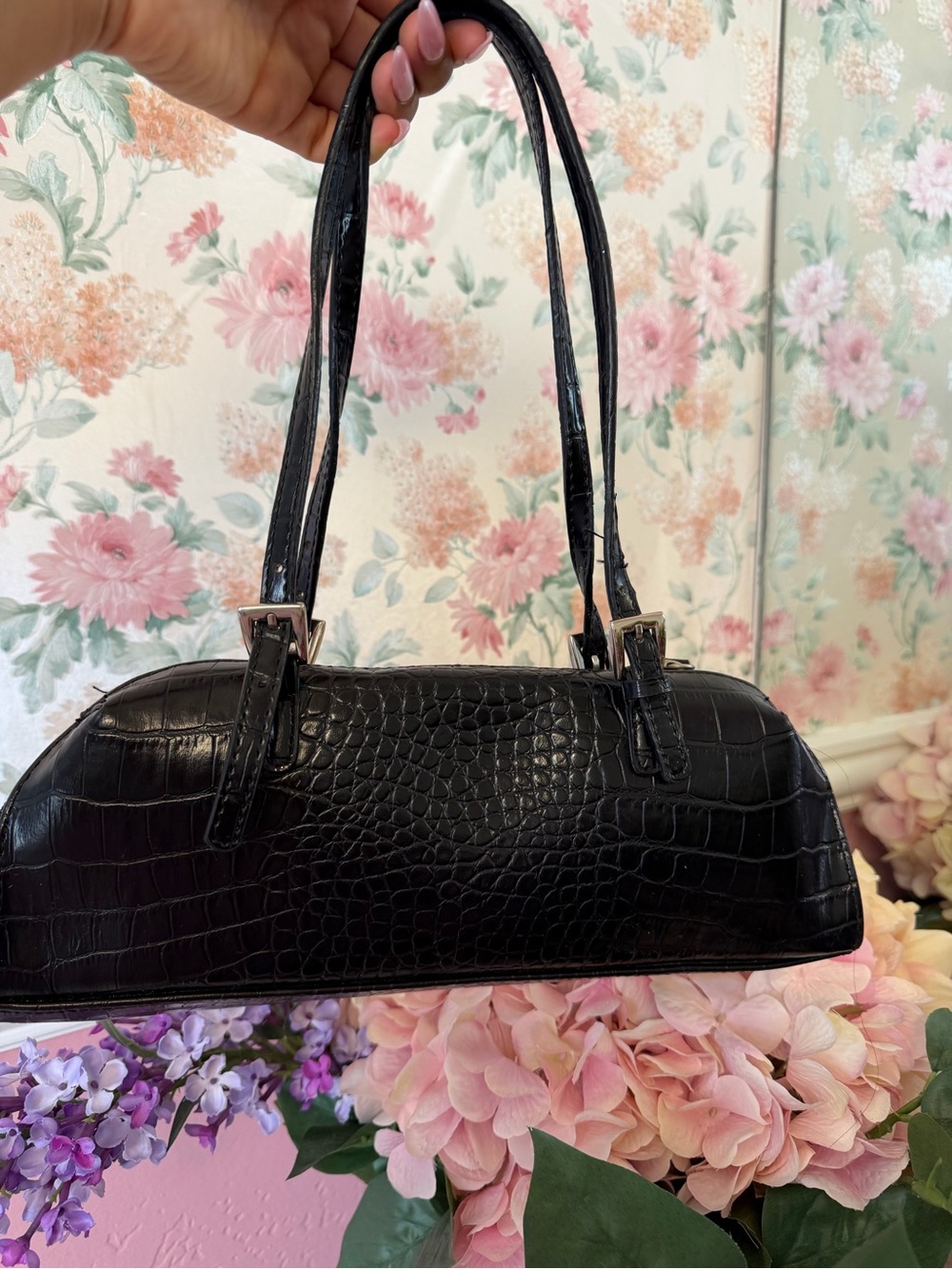 Y2K Bisou Bisou Black Croc-Embossed Shoulder Bag